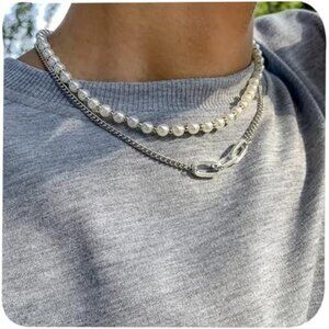 Pearl Necklace for Men Faux Pearl Necklace Mens Pearl Necklace Layered Trendy